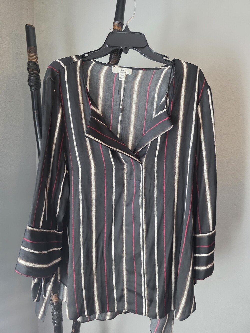 H by Halston Black Striped Blouse with Red and White Accents
